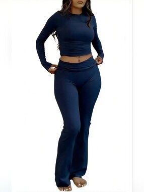 Nwt YETOWA sz small Y2K 2 Piece Outfits Tummy Control Long Sleeve Crop Top High